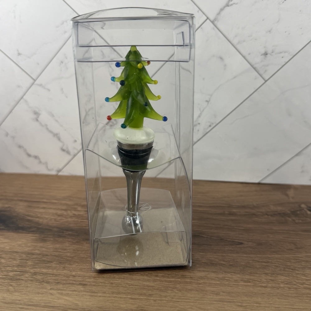 Pier 1 Imports Christmas Tree Bottle Stopper Green Glass Metal Stem w/ Gift Box - Picture 6 of 8